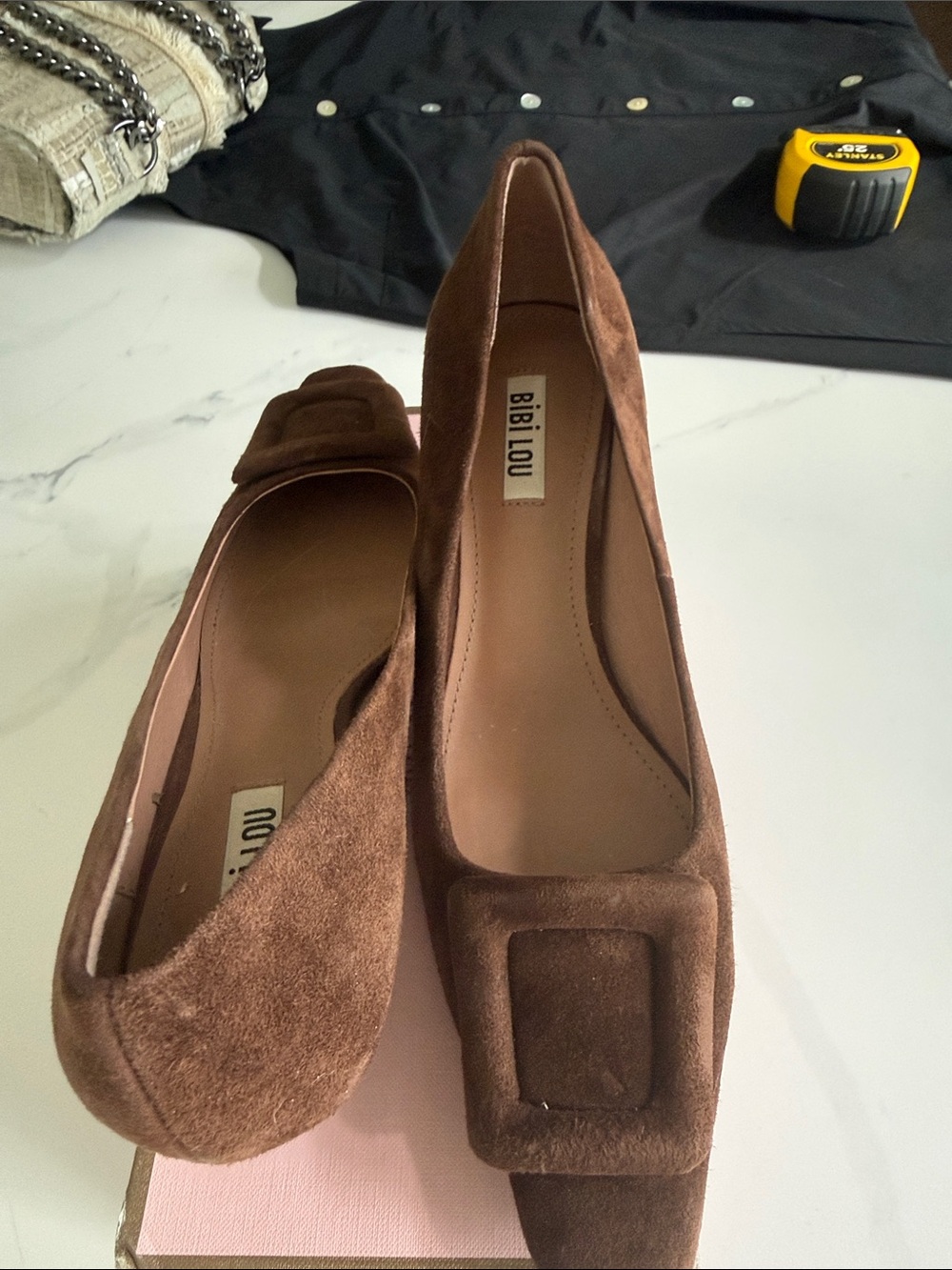 Bibi Lou Women's Brown Suede Pointed Toe Heels with Buckle